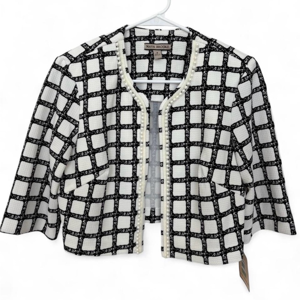 NWT Women's Maya Brooke Cropped Black And White‎ Jacket Blazer Size 8 Pearls